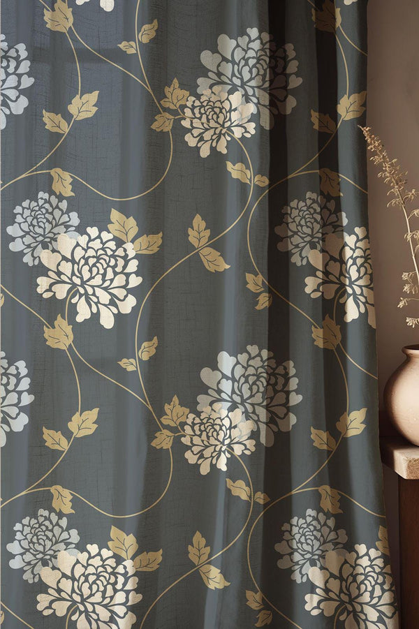 Dark Floral Linen Curtain: Beige Botanical Print Window Drape