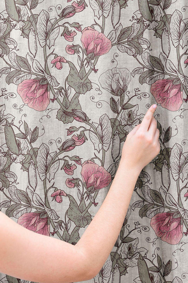 Floral Linen Curtain: Pink Botanical Sketch Art Drapes
