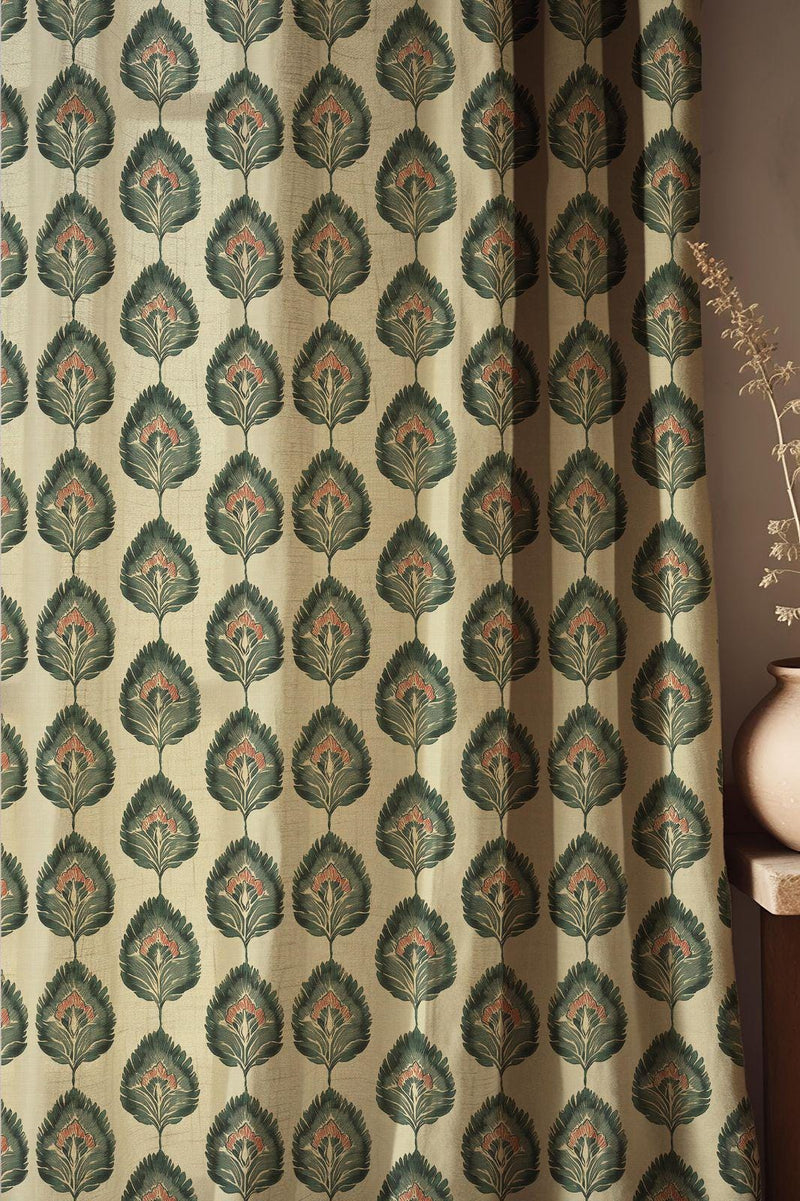Botanical Linen Curtain: Art Deco Green Leaf Print Window Panel