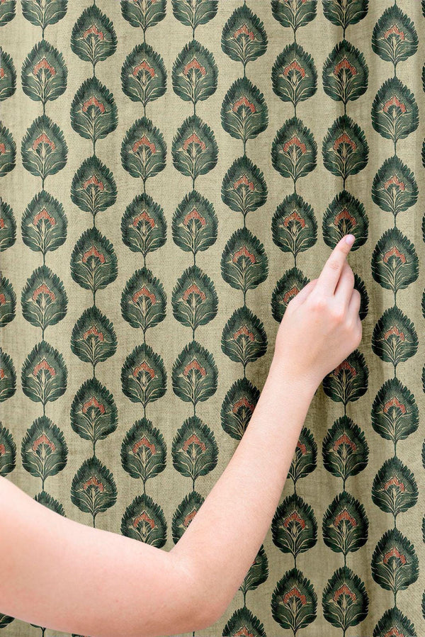 Botanical Linen Curtain: Art Deco Green Leaf Print Window Panel