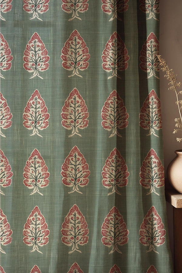 Rustic Botanical Linen Curtain: Green And Red Leaf Pattern Drapes, Traditional Nature Inspired Fabric