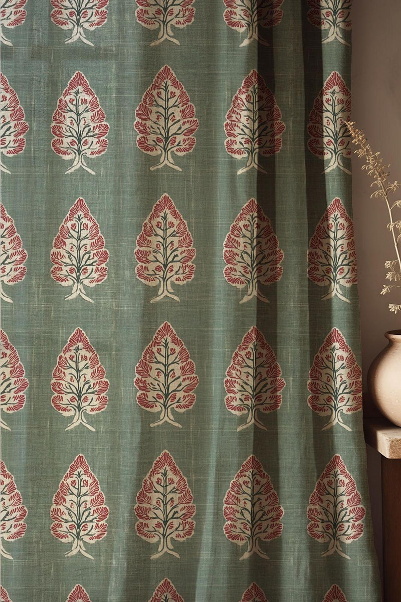 Rustic Botanical Linen Curtain: Green And Red Leaf Pattern Drapes, Traditional Nature Inspired Fabric