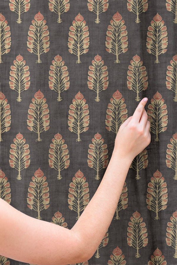 Black Botanical Linen Curtain: Golden Leaf Pattern Drapes, Elegant Vintage Style Window Fabric