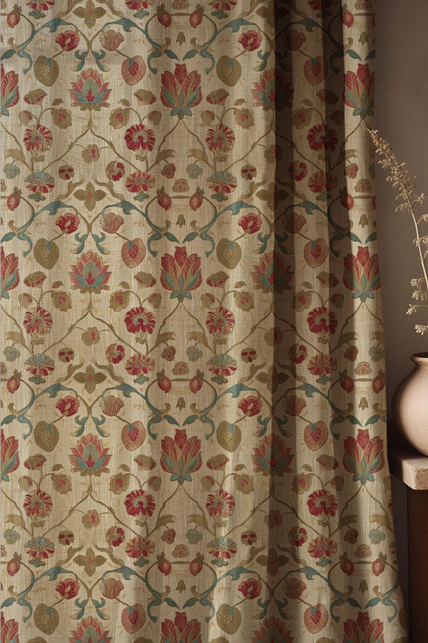 Vintage Floral Linen Curtain: Red And Blue Botanical Pattern Drapes, Traditional European Style Fabric