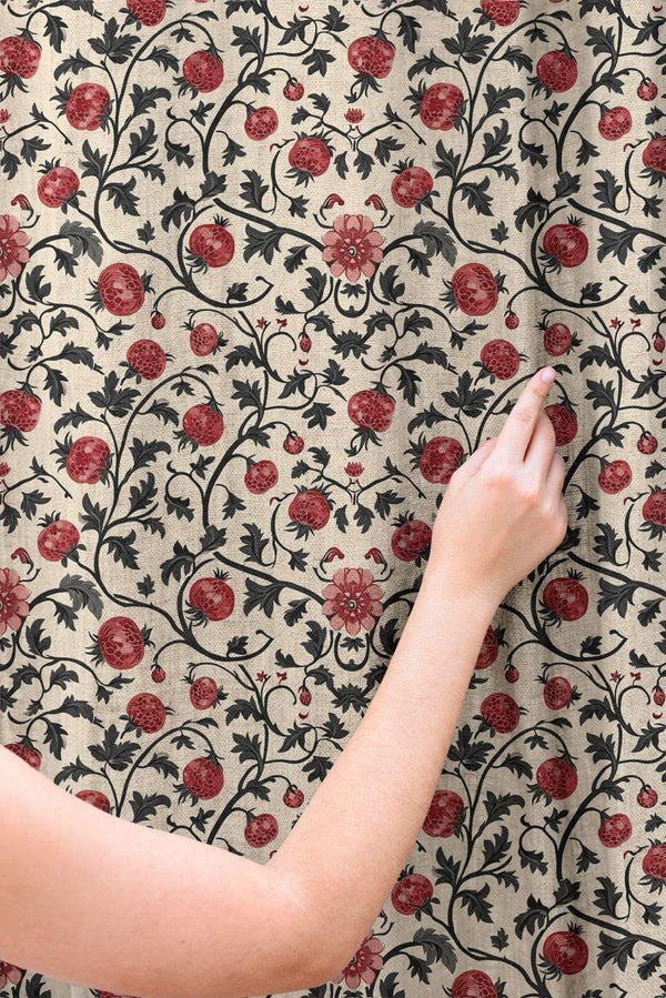 Black Pomegranate Linen Curtain: Red Fruit Botanical Drapes, William Morris Inspired Vintage Fabric