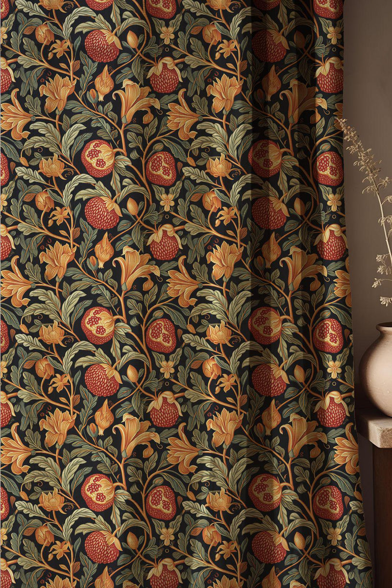 Cranes In Garden Linen Curtain: Beige Botanical Bird Pattern Drapes, Oriental Nature Inspired Fabric