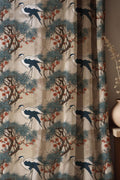 Midnight Crane Linen Curtain: Blue Botanical Bird Drapes, Oriental Nature Inspired Vintage Fabric - Image 1
