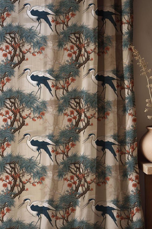 Midnight Crane Linen Curtain: Blue Botanical Bird Drapes, Oriental Nature Inspired Vintage Fabric