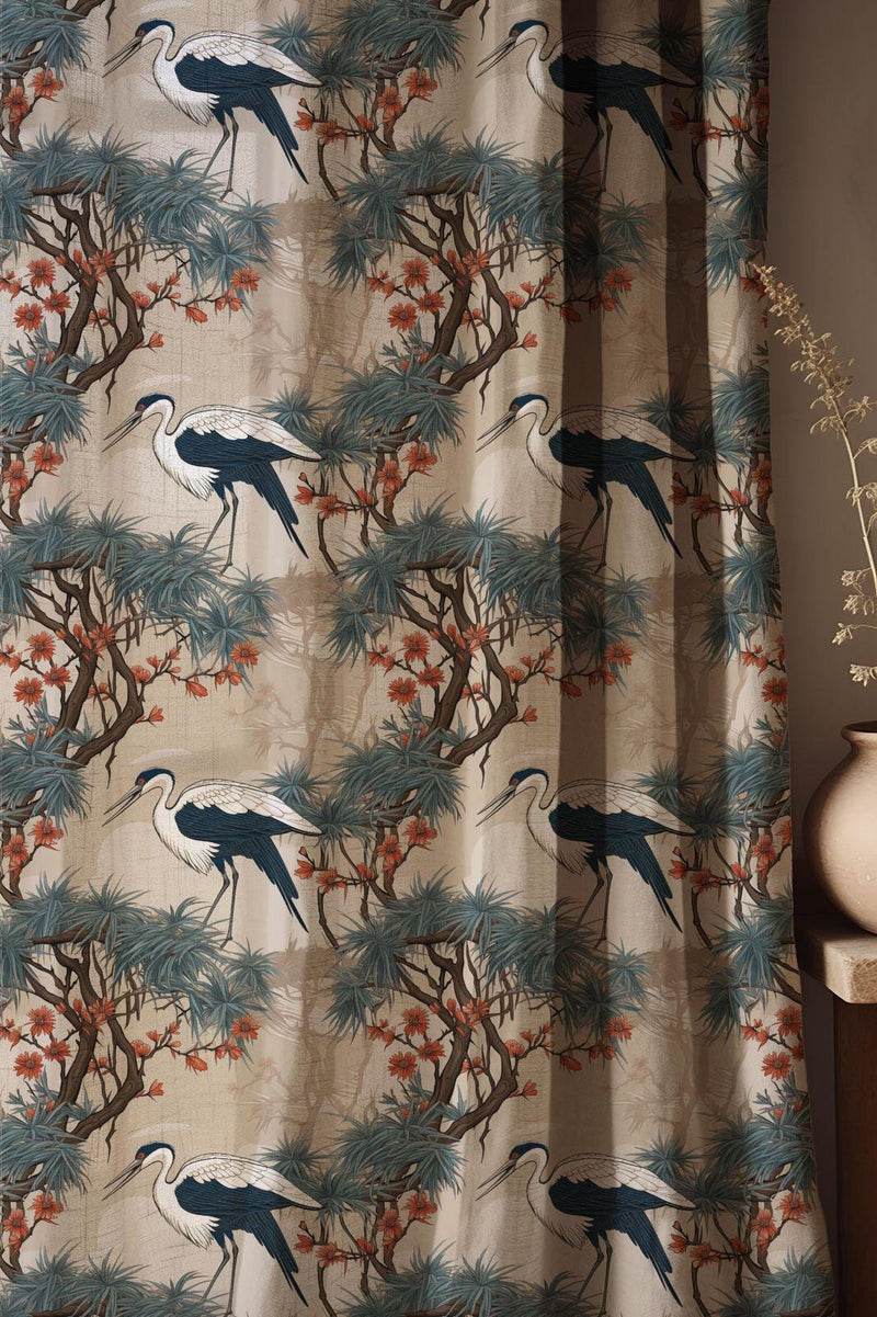 Midnight Crane Linen Curtain: Blue Botanical Bird Drapes, Oriental Nature Inspired Vintage Fabric
