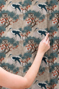 Midnight Crane Linen Curtain: Blue Botanical Bird Drapes, Oriental Nature Inspired Vintage Fabric - Image 2