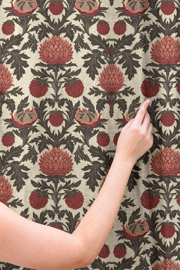 William Morris Linen Curtain: Red Floral Botanical Drapes