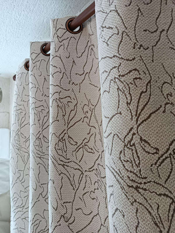 Beige Floral Textured Cotton Blend Curtains: Light Blocking Eyelet Drapes