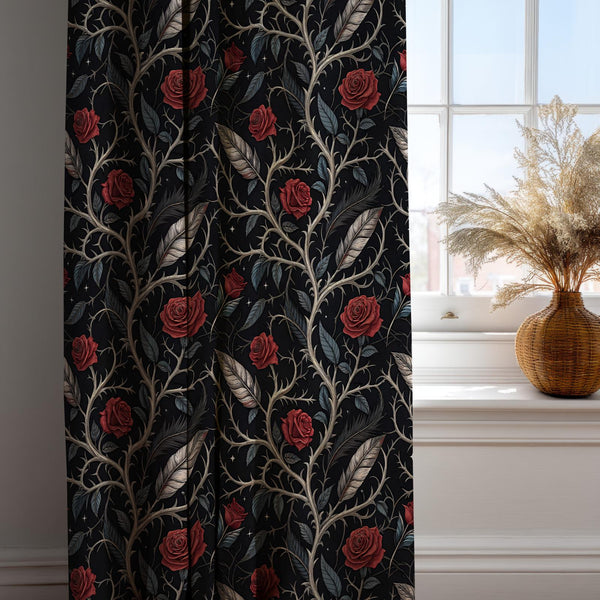 Gothic Rose Linen Curtain: Black Floral Drapes with Silver Leaves
