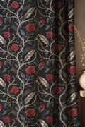 Gothic Rose Linen Curtain: Black Floral Drapes with Silver Leaves - Image 1