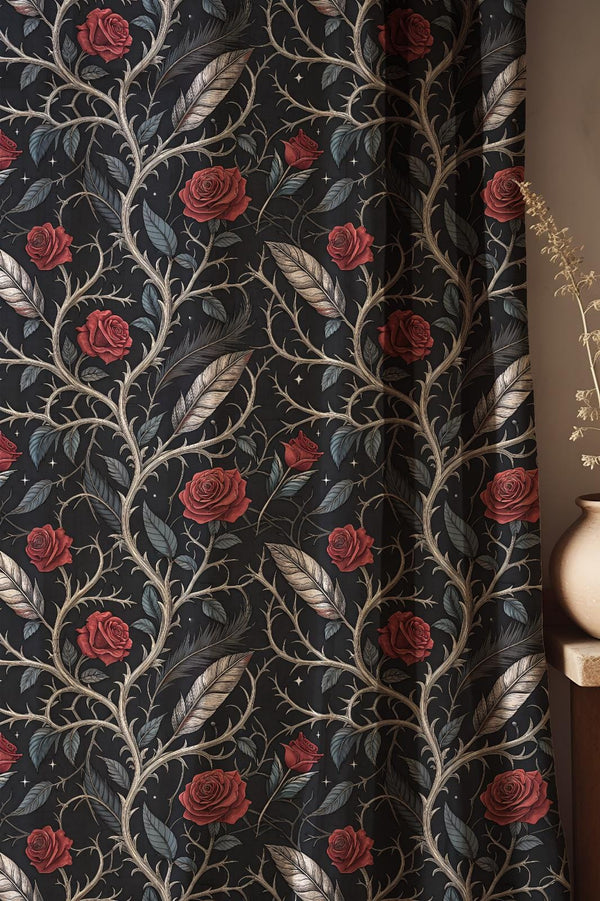 Gothic Rose Linen Curtain: Black Floral Drapes with Silver Leaves