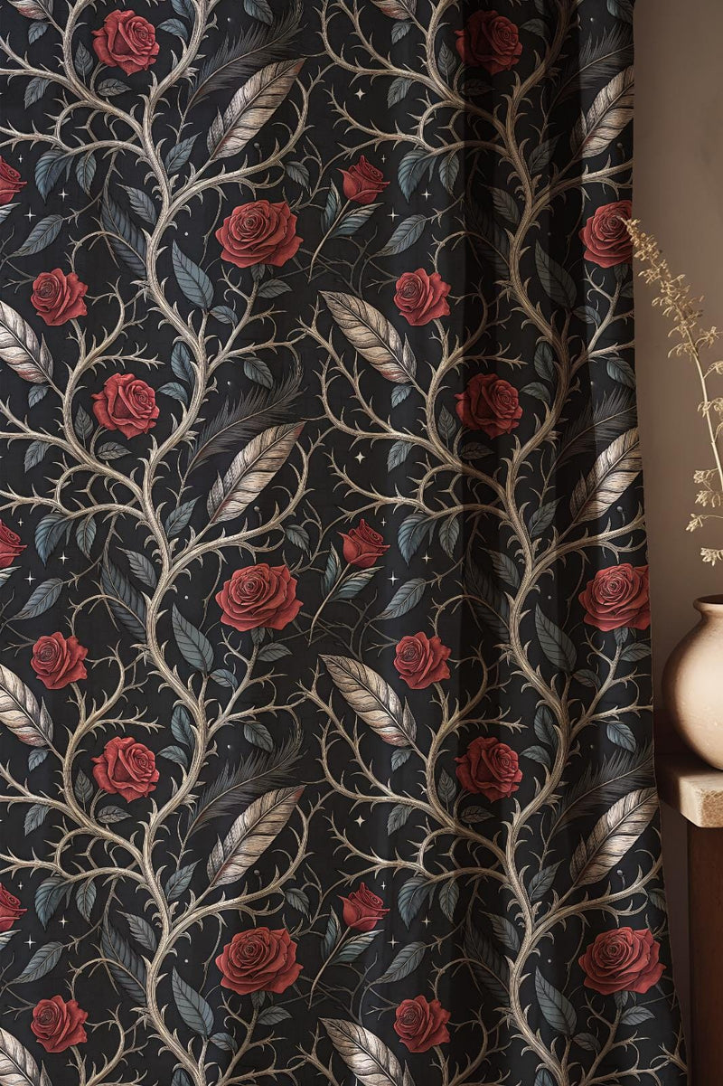 Gothic Rose Linen Curtain: Black Floral Drapes with Silver Leaves