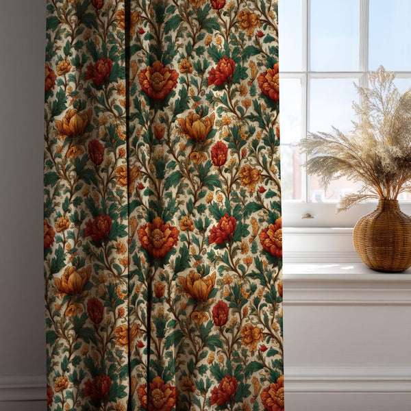Vintage Floral Linen Curtain: Red, Gold, Green Botanical Print Drapes