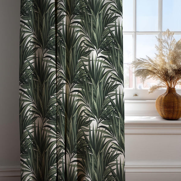 Tropical Palm Linen Curtain: Green Leaf Botanical Drapes on Cream Background, Modern Jungle Style