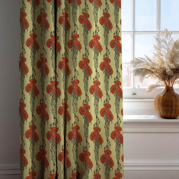 Art Nouveau Poppy Linen Curtain: Red Floral Botanical Drapes