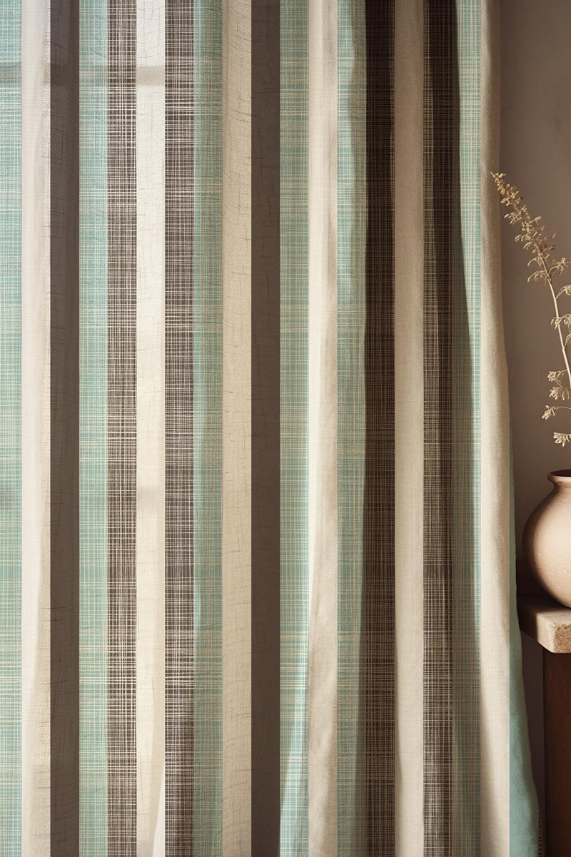 Striped Linen Curtain: Beige and Aqua Blue Vertical Stripe Drapes, Modern Coastal Window Panels