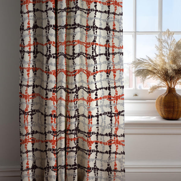 Modern Geometric Linen Curtain: Abstract Red, Gray, and Black Pattern Drapes, Contemporary Art Style