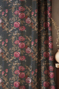 Dark Floral Linen Curtain: Burgundy Roses & Gold Leaves - Image 1