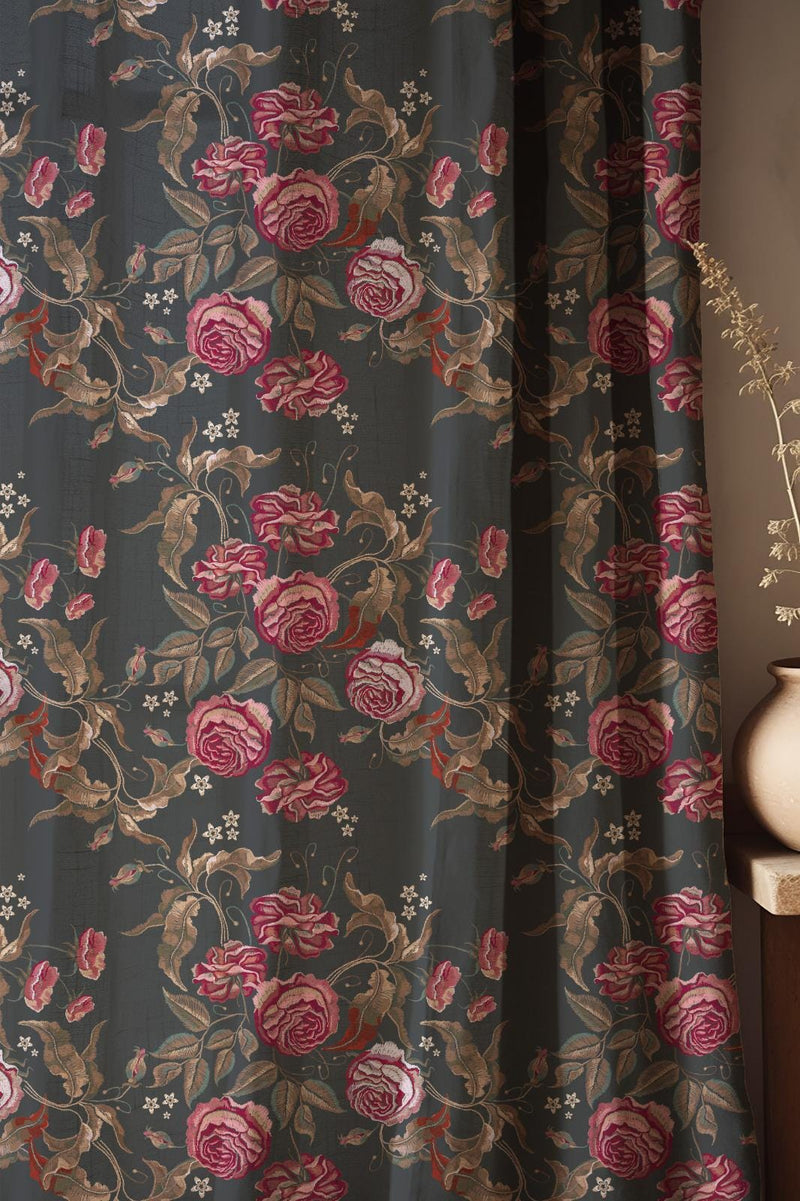Dark Floral Linen Curtain: Burgundy Roses & Gold Leaves