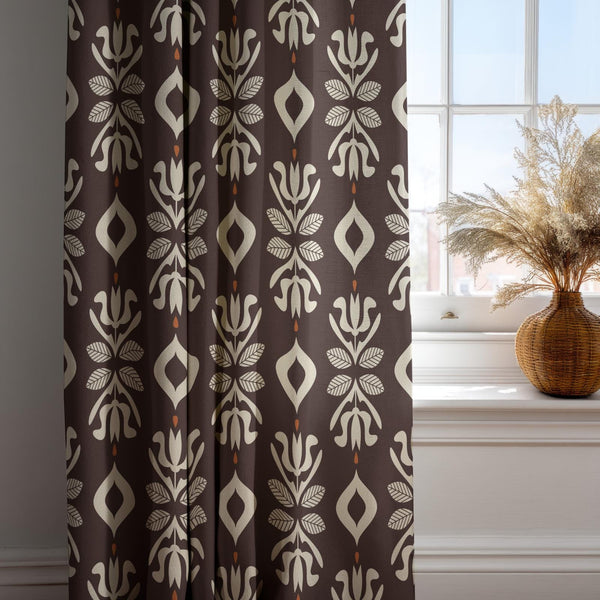 Brown Ikat Linen Curtain: Geometric Cream Pattern Drapes, Bohemian Tribal Style Window Panels