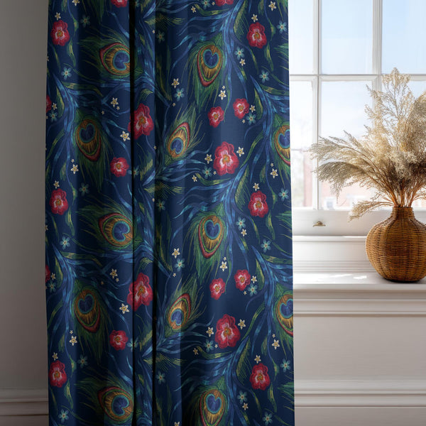 Peacock Feather Linen Curtain: Navy Blue Botanical Drapes