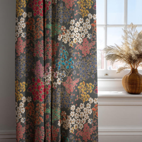 Japanese Floral Linen Curtain: Multicolor Blossom Pattern on Charcoal Gray, Artistic Botanical Drapes