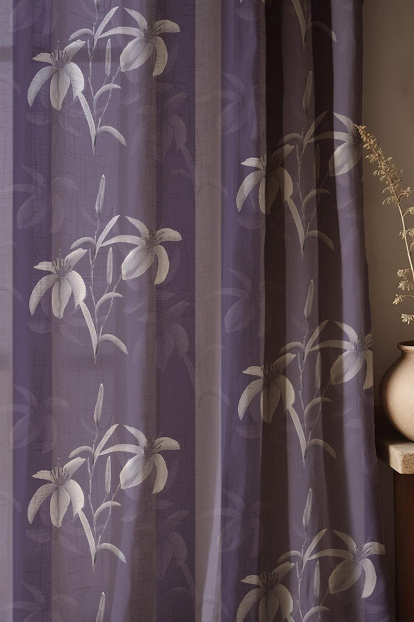 Purple Floral Linen Curtain: Elegant Sheer Drapes with White Lily Pattern, Soft Botanical Design