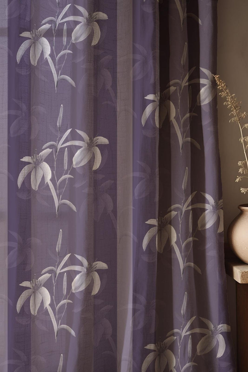 Purple Floral Linen Curtain: Elegant Sheer Drapes with White Lily Pattern, Soft Botanical Design
