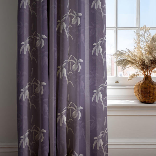 Purple Floral Linen Curtain: Elegant Sheer Drapes with White Lily Pattern, Soft Botanical Design