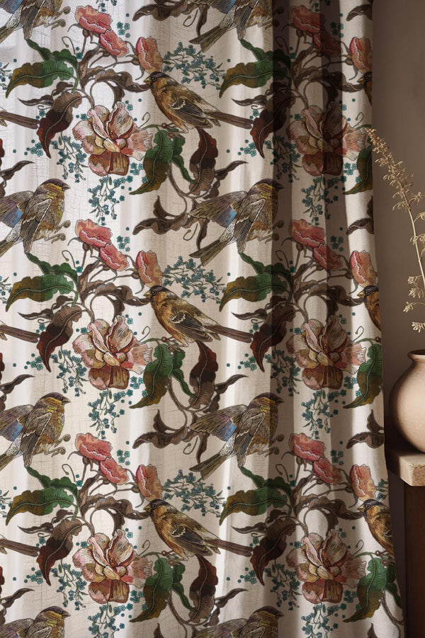 Bird and Floral Linen Curtain: Vintage Botanical Cream Drapes