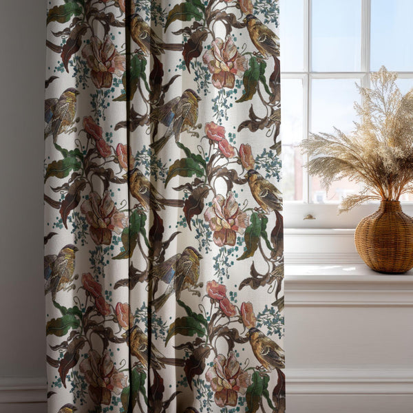 Bird and Floral Linen Curtain: Vintage Botanical Cream Drapes