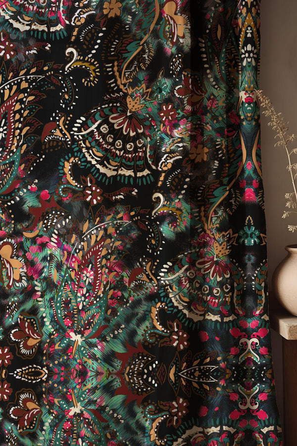 Bohemian Linen Curtain: Paisley Black Drapes, Red Green Gold Accent