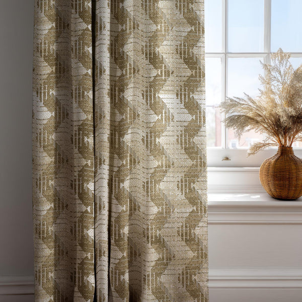 Geometric Linen Curtain: Beige and Olive Tribal Pattern Drapes, Modern Boho Style Window Panels