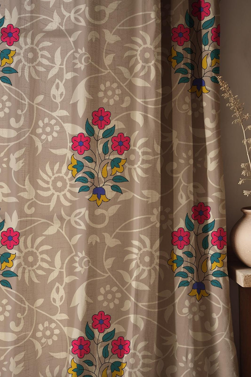 Floral Linen Curtain: Pink & Yellow Flowers, Cream Damask