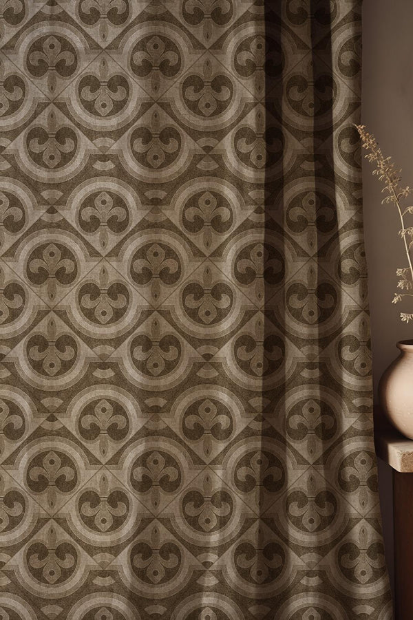 Vintage Brown Linen Curtain: Geometric Medallion Retro Drapes