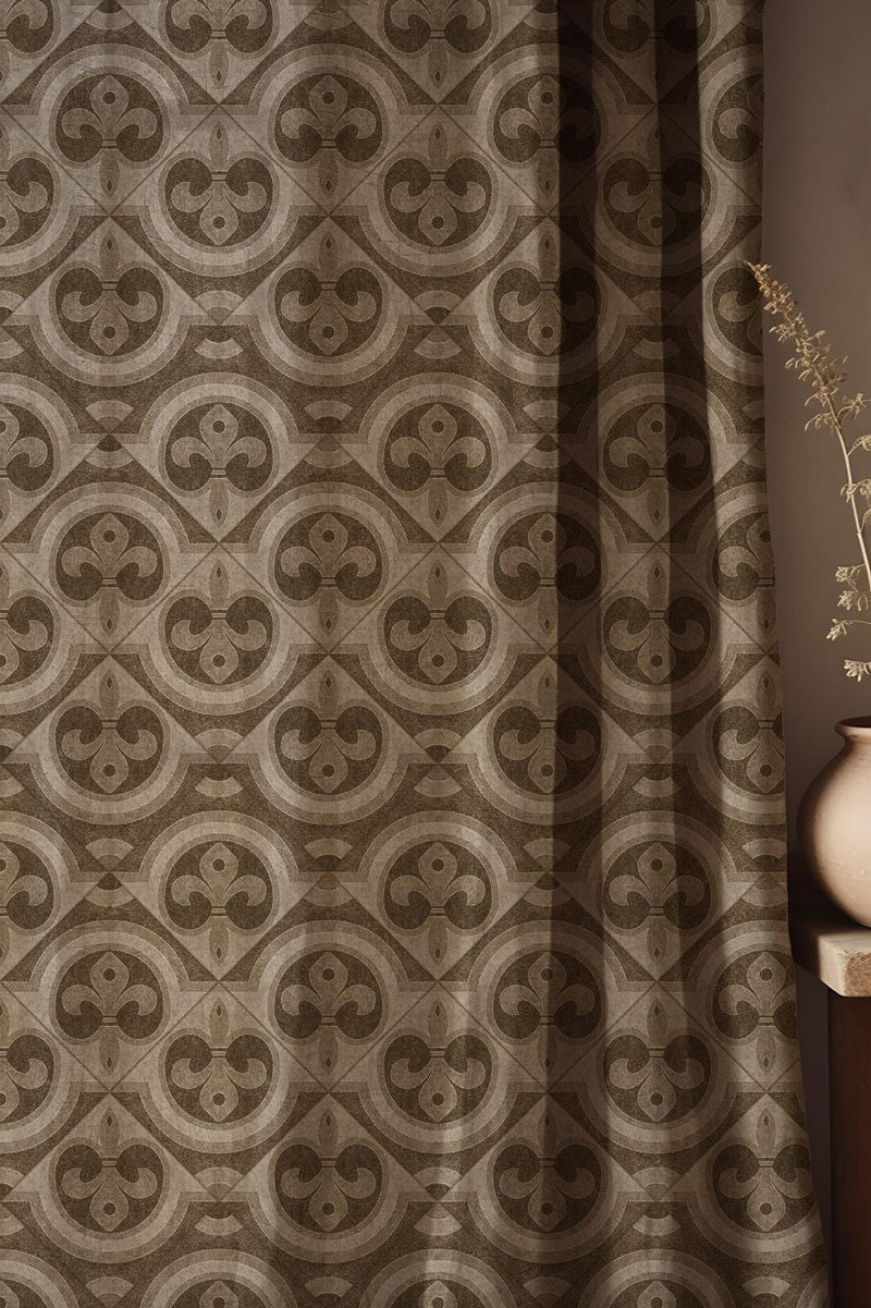 Vintage Brown Linen Curtain: Geometric Medallion Retro Drapes