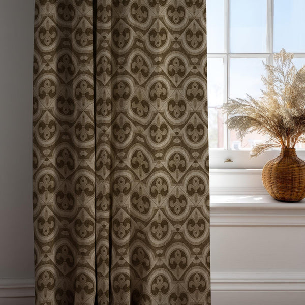 Vintage Brown Linen Curtain: Geometric Medallion Retro Drapes
