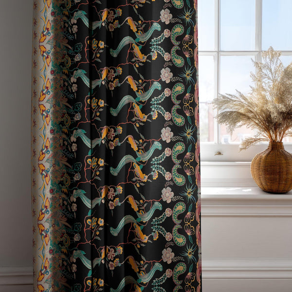 Boho Linen Curtain: Black Floral Drapes with Exotic Birds