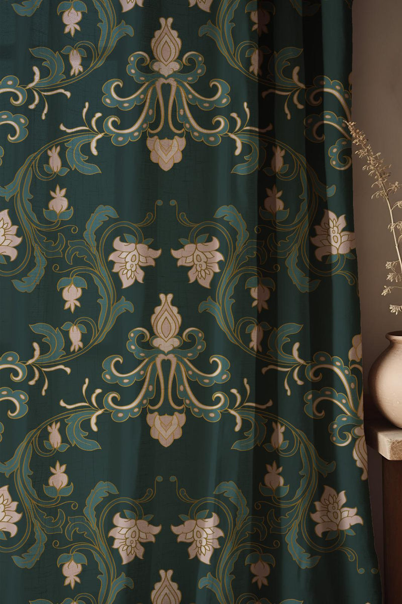 Emerald Green Linen Curtain: Baroque Floral Drapes with Gold Accents