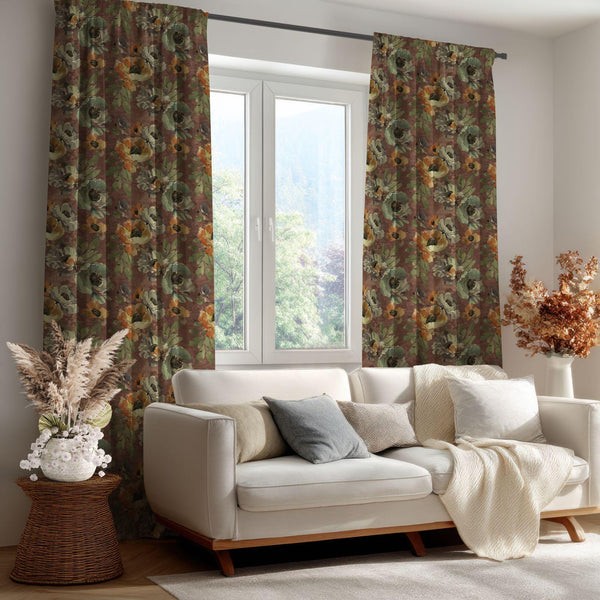 Moody Floral Curtain: Rust Brown Poppy  Window Panel