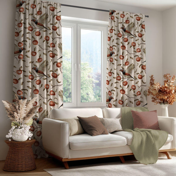Watercolor Apple Bird Curtain: Red Fruit and Bird Print Window Panel