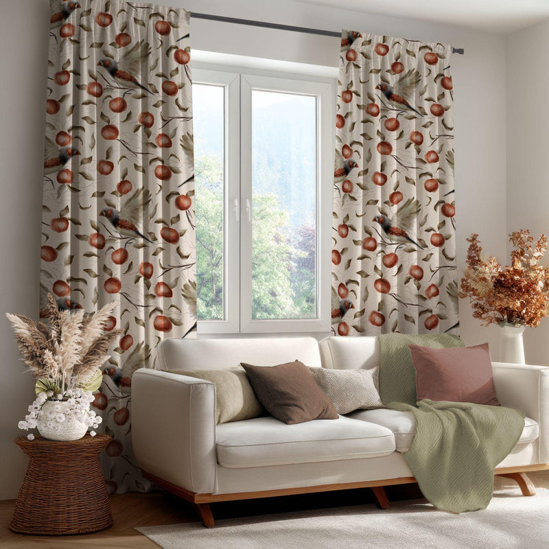 Watercolor Apple Bird Curtain: Red Fruit and Bird Print Window Panel