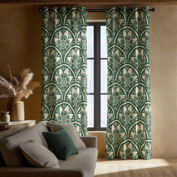 Art Nouveau Floral Curtain: Green Scallop Print Window Panel