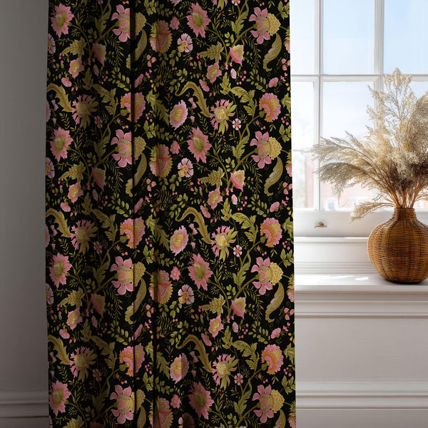 Moody Chintz Floral Curtain: Dark Botanical Print Window Panel