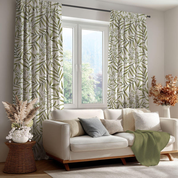 Olive leaf inspired Botanical Curtain: Sage Green Leaf Print Window Panel