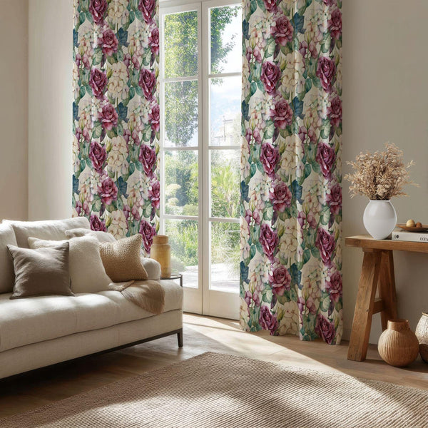 Romantic Watercolor Rose Curtain: Vintage Hydrangea Print Window Panel